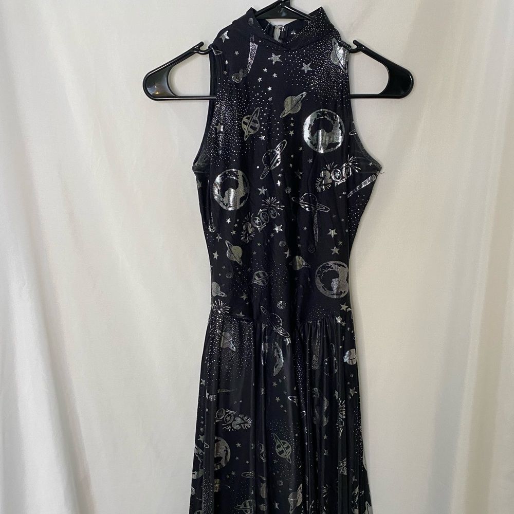 Kids black & metallic silver space dance dress with attached bloomers size L/XL